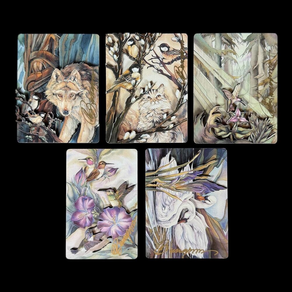 Lot of 5 Jody Bergsma SIGNED Art Magnets Wolf Heron Hummingbird Wildlife Set